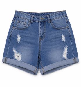 Damen High-Waist Jeansshorts – Mittelblaue Stretch Denim Shorts mit Destroyed-Look
