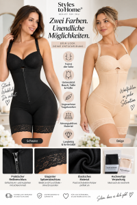 Damen Shapewear Body mit Reißverschluss – Figurformender Ganzkörper-Body mit Spitze, verstellbaren Trägern, Schwarz & Beige
