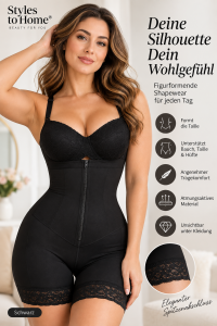 Damen Shapewear Body mit Reißverschluss – Figurformender Ganzkörper-Body mit Spitze, verstellbaren Trägern, Schwarz & Beige