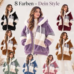 Damen Oversize Teddyjacke mit Kapuze – Flauschige Faux-Fur Jacke im Colorblock-Design mit Reißverschluss & Taschen