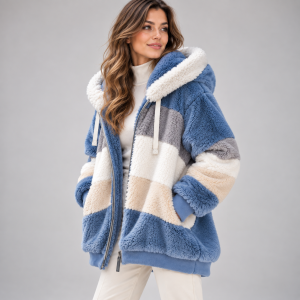 Damen Oversize Teddyjacke mit Kapuze – Flauschige Faux-Fur Jacke im Colorblock-Design mit Reißverschluss & Taschen