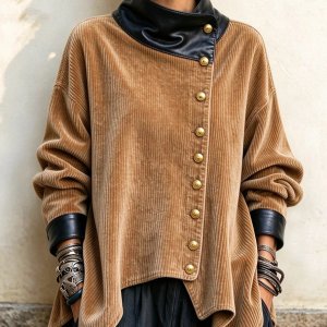 Damen Cordjacke mit elegantem Stehkragen – Oversize Jacke mit Knöpfen im Vintage-Look
